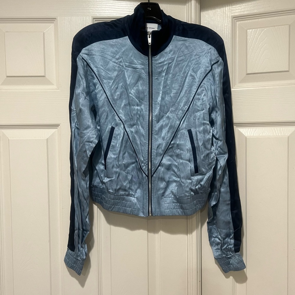 The Kooples SKY BLUE Full Zip CONTRASTING TRIMS Shiny Effect Women Jacket Small